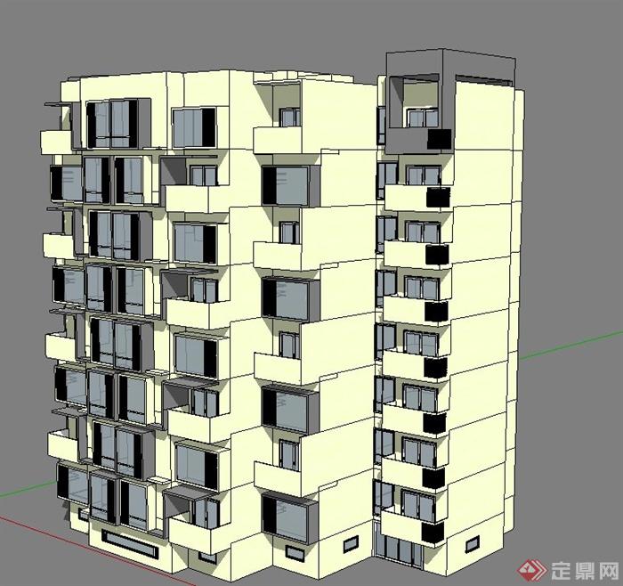 现代某多层梯凸形住宅建筑设计SU模型(2)