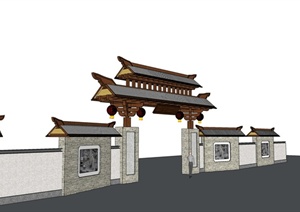 古典中式大门设计SU(草图大师)模型（含景墙）