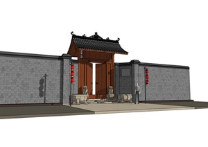某新中式大门设计SU(草图大师)模型（含围墙、狮子雕塑）
