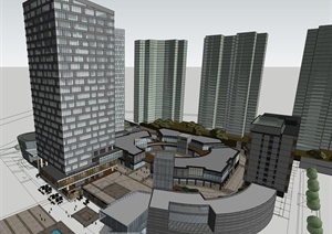 现代 高层办公+圆形商业建筑设计SU(草图大师)模型
