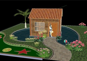 某单层木质住宅建筑庭院景观设计SU(草图大师)模型