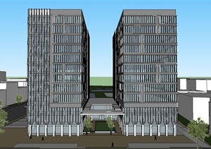 现代某高层双塔办公楼建筑设计SU(草图大师)模型