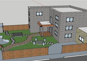 三层住宅建筑及庭院景观SU(草图大师)模型