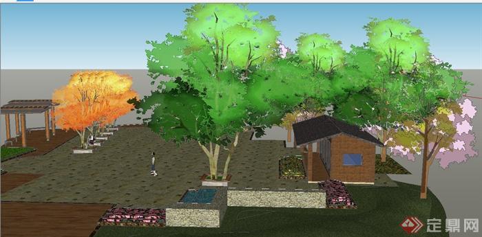 某单层木质住宅庭院景观设计SU模型(1)