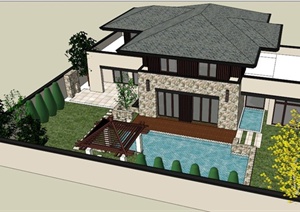 新古典风格别墅建筑及庭院景观SU(草图大师)模型