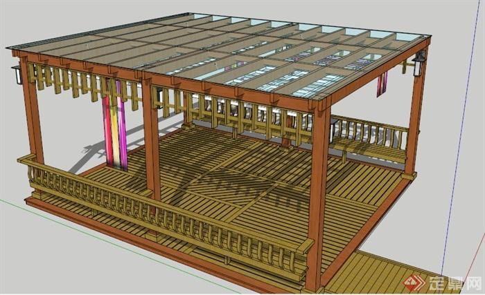 新中式玻璃木制凉亭su模型(3)