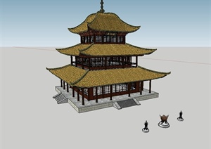 古典中式三层塔楼建筑SU(草图大师)模型