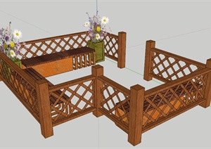 现代中式木制围栏及坐凳SU(草图大师)模型
