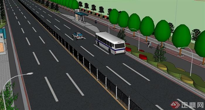 学生作业道路与公交停靠站绿化景观设计su模型(4)