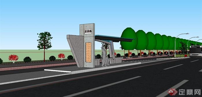 学生作业道路与公交停靠站绿化景观设计su模型(6)