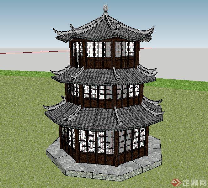 古典中式圆形塔楼建筑设计su模型(1)