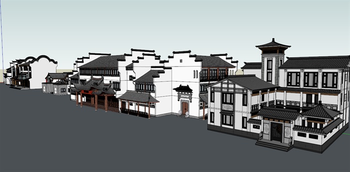 古典中式沿街商铺、牌坊、景墙、长廊su模型