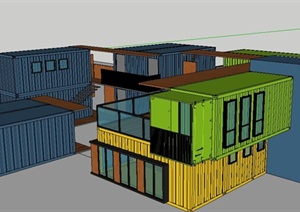 某现代两层集装箱办公楼建筑设计SU(草图大师)模型