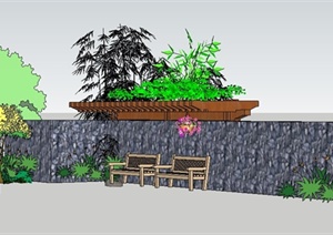 某住宅后院景观节点组合设计SU(草图大师)模型（含景墙、植物、廊架）