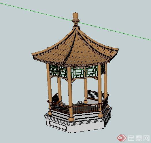 古典中式六角亭设计su模型（含座椅）(1)