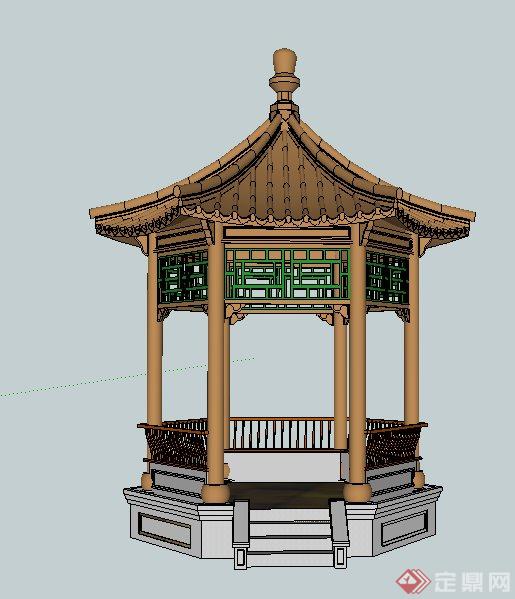 古典中式六角亭设计su模型（含座椅）(2)
