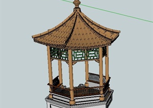 古典中式六角亭设计SU(草图大师)模型（含座椅）