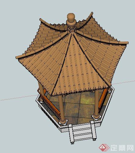古典中式六角亭设计su模型（含座椅）(3)