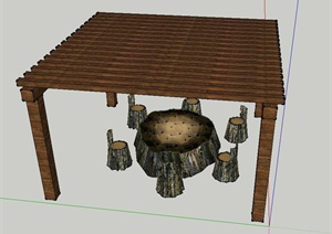 园林景观节点木质廊架与木桩桌椅设计SU(草图大师)模型