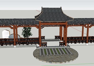 园林景观节点中式木质亭廊组合设计SU(草图大师)模型