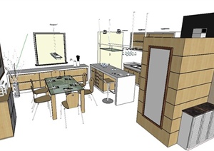 现代住宅空间厨房与客厅设计SU(草图大师)模型