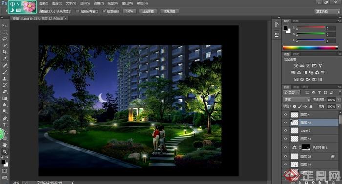 某现代小区景观夜色效果图PSD格式(2)