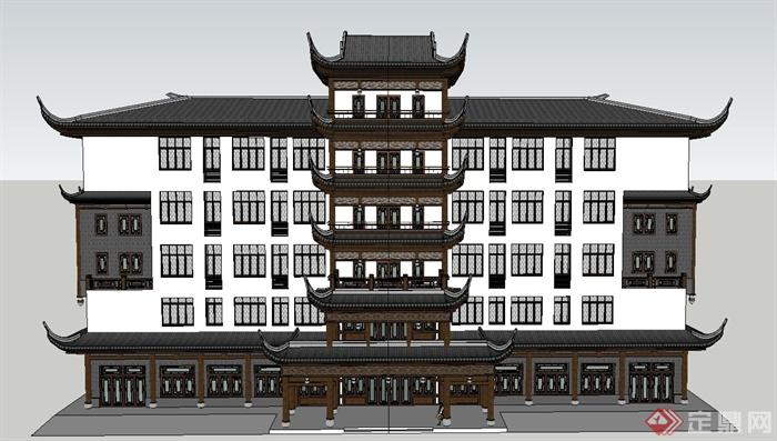 古典中式五层联排酒店建筑设计SU模型(1)