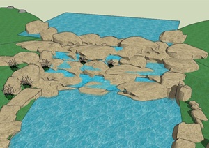 园林景观节点河流中消能石设计SU(草图大师)模型