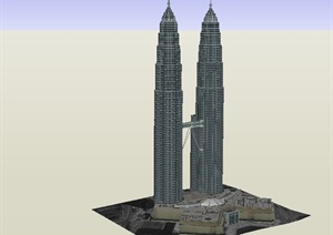 某现代超高层双塔办公建筑设计SU(草图大师)模型