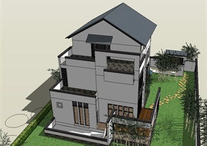 某现代中式三层住宅楼建筑设计SU(草图大师)模型