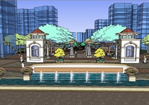 住宅小区中心广场环境景观设计SU(草图大师)模型