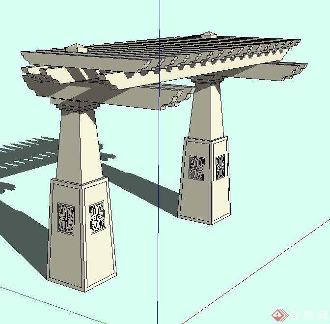 景观中式单边廊架设计SU模型 (1)
