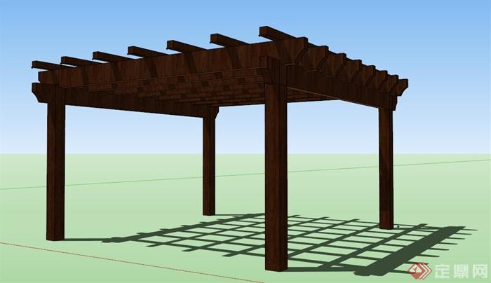 中式木制方形廊架su模型(1)