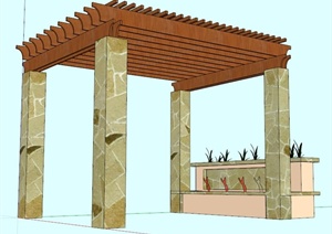 现代方形木花架及种植池SU(草图大师)模型