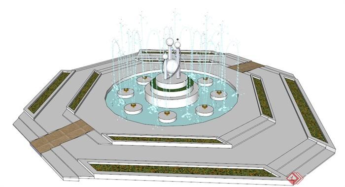 某现代简约风喷泉水池su模型(1)