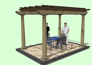 现代景观廊架设计SU(草图大师)模型（含桌椅）