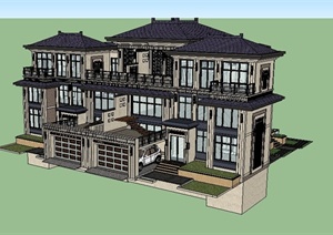 某现代别墅建筑设计SU(草图大师)模型（含车库、庭院）
