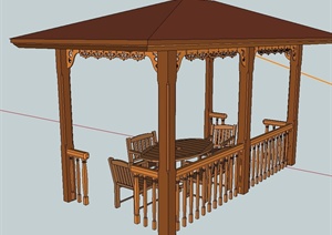 某现代中式亭子设计SU(草图大师)模型含桌椅组合