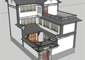 某现代中式三层别墅建筑设计SU(草图大师)模型（含庭院）