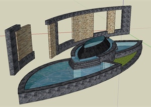 园林景观节点眼形水池与景墙设计SU(草图大师)模型