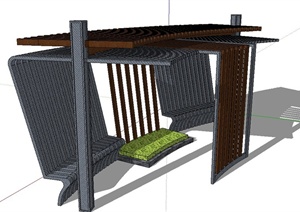 现代木质与铁艺器材制成廊架设计SU(草图大师)模型