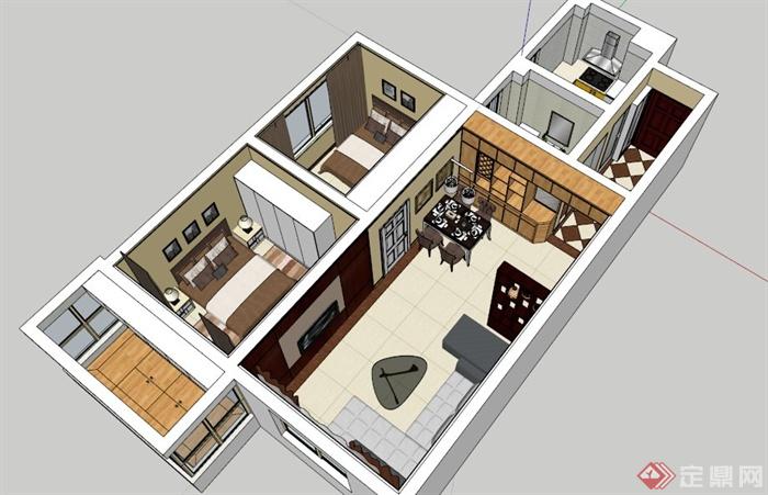 现代简约风格两居室室内设计su模型(3)