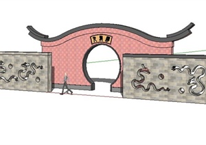 现代中式景墙门照壁设计SU(草图大师)模型