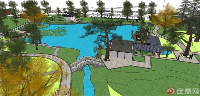 古典中式滨湖公园设计su场景模型(2)