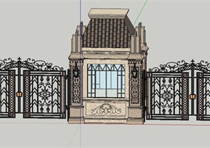 欧式铁艺大门与门卫亭设计SU(草图大师)模型