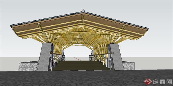 园林景观节点竹制廊桥设计SU模型(1)