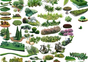 多款景石、草坪、花钵、花卉植物、灌木球设计PSD图