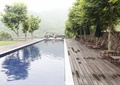 游泳池景观,木地板,休闲桌椅,景观树