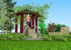 某现代庭院花园SU(草图大师)模型设计（含亭子）