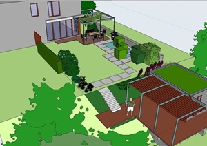 现代住宅花园设计SU(草图大师)模型（含建筑）